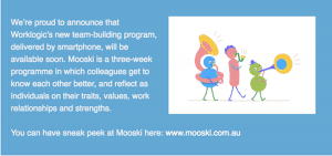 Illustration of three abstract characters playing musical horns alongside text about Mooski team-building program.