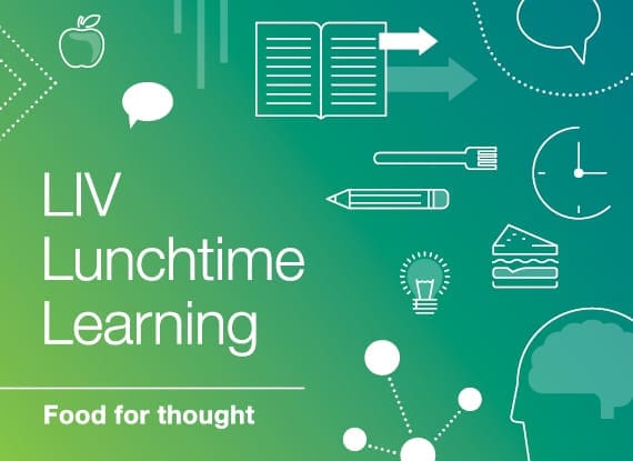 LIV Lunchtime Learning text with food, learning, and brain icons on green to blue gradient background