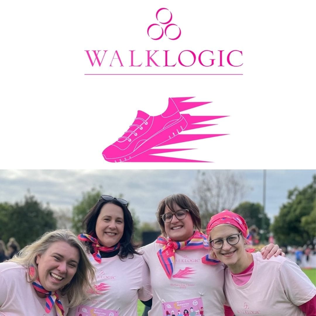 Walklogic logo above four women wearing matching pink Walklogic T-shirts and scarves outdoors.