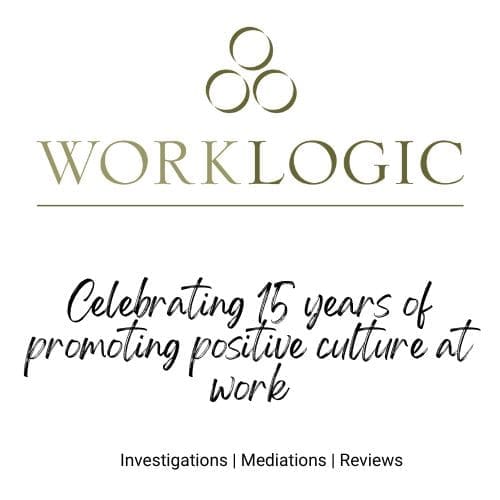 WorkLogic logo with text celebrating 15 years promoting positive workplace culture investigations mediations reviews