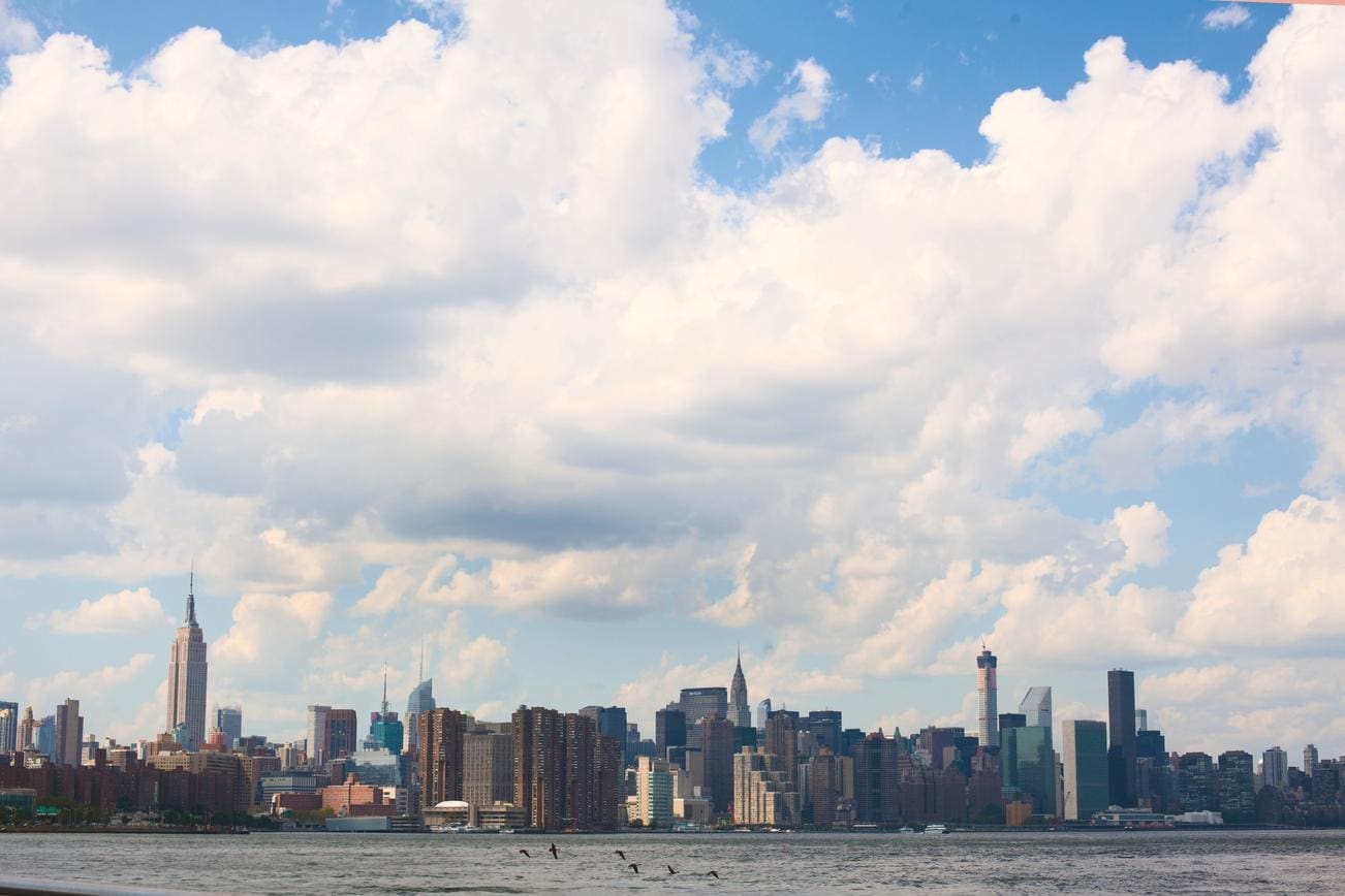 City skyline with tall buildings under partly cloudy sky across water with birds flying.