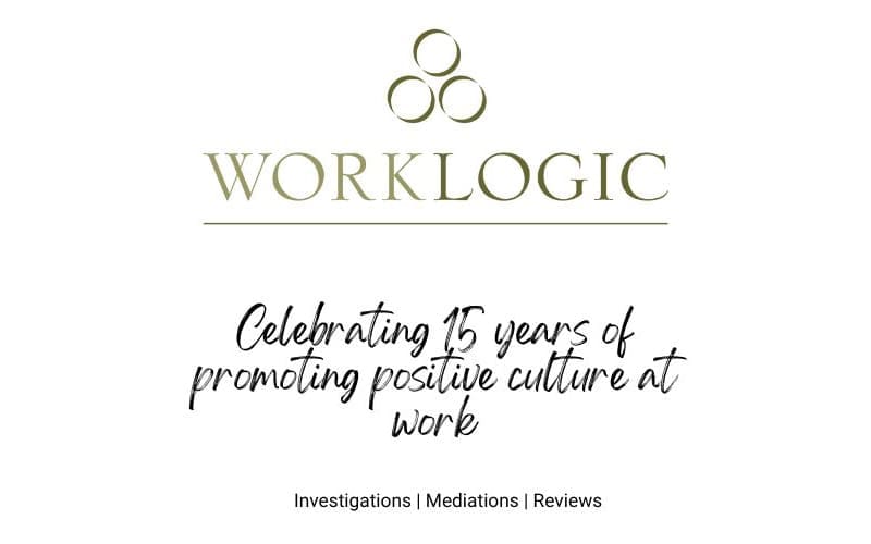 WorkLogic logo with text celebrating 15 years promoting positive work culture and services listed.