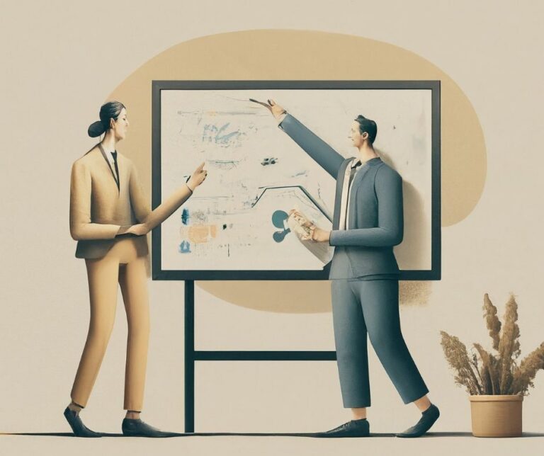 Two stylised business figures discussing a presentation board with a potted plant nearby