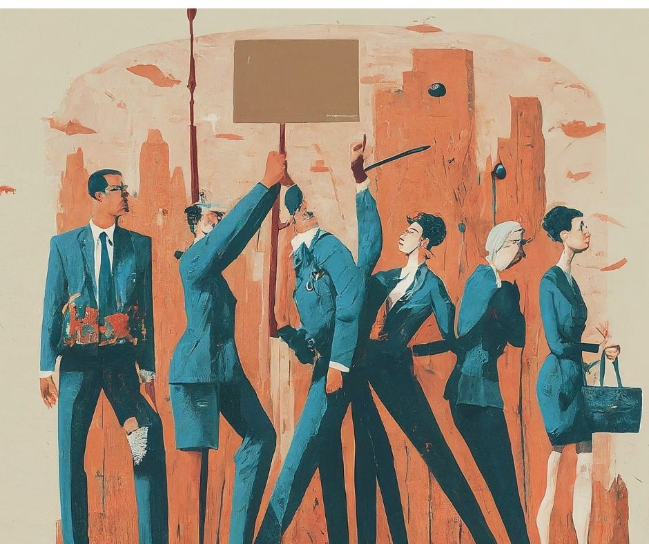 Stylised painting of six blue-suited figures with elongated limbs against orange cityscape.