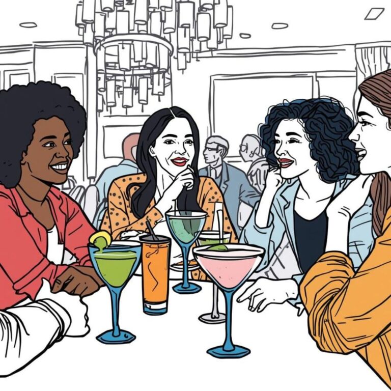 Four women chatting around a table with various colourful drinks in a social setting.