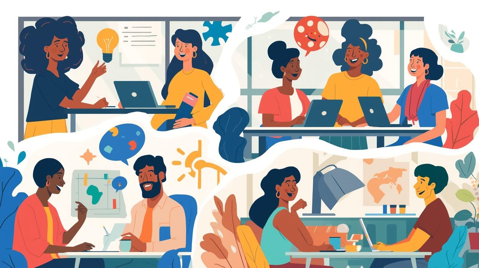 Office illustration showing diverse people collaborating and working together with laptops.