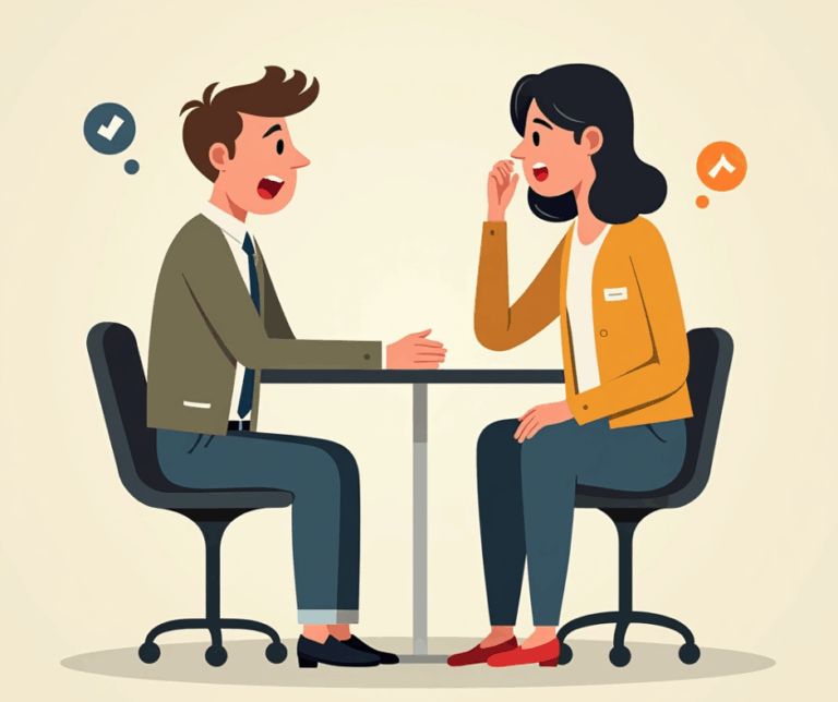 Two people seated at a table engaged in a conversation with dialogue symbols above them.