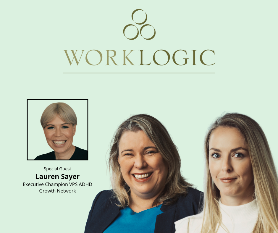 Worklogic logo with photos of two women and a framed photo of special guest Lauren Sayer on light green background