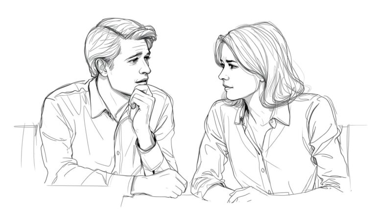 Black and white line drawing of a man and woman sitting and talking across a table.