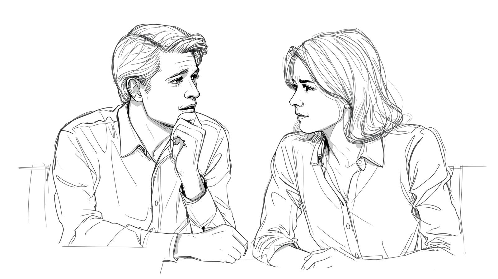 Black and white line drawing of a man and woman sitting and talking across a table.