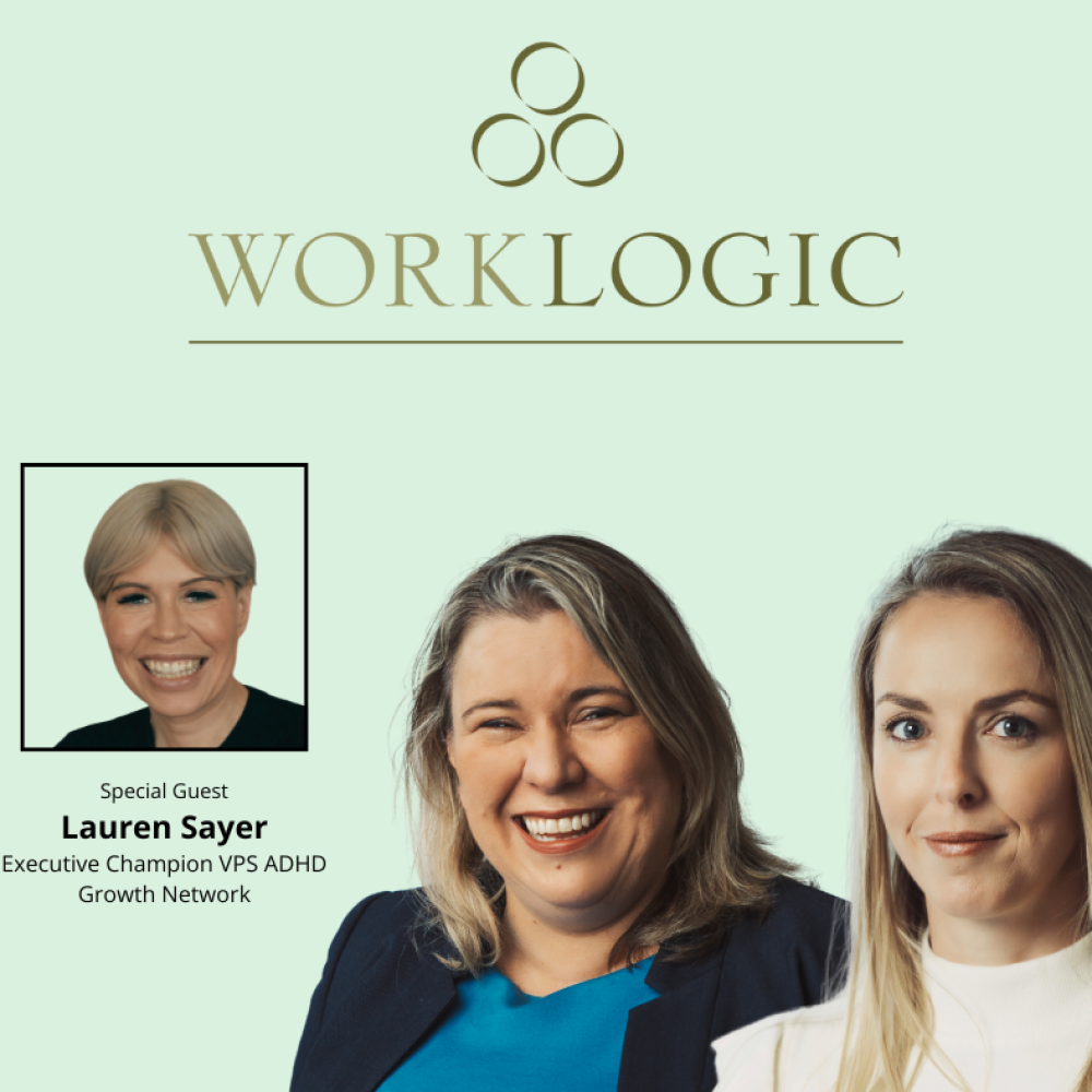Worklogic logo with photos of two women and a framed photo of special guest Lauren Sayer on light green background